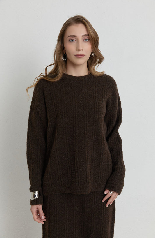 Örgü Desen Acı Kahve Yumoş Triko Etekli İkili Takım