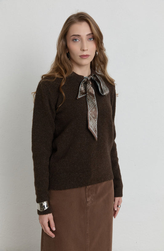 Fularlı Acı Kahve Basic Yumoş Triko Kazak