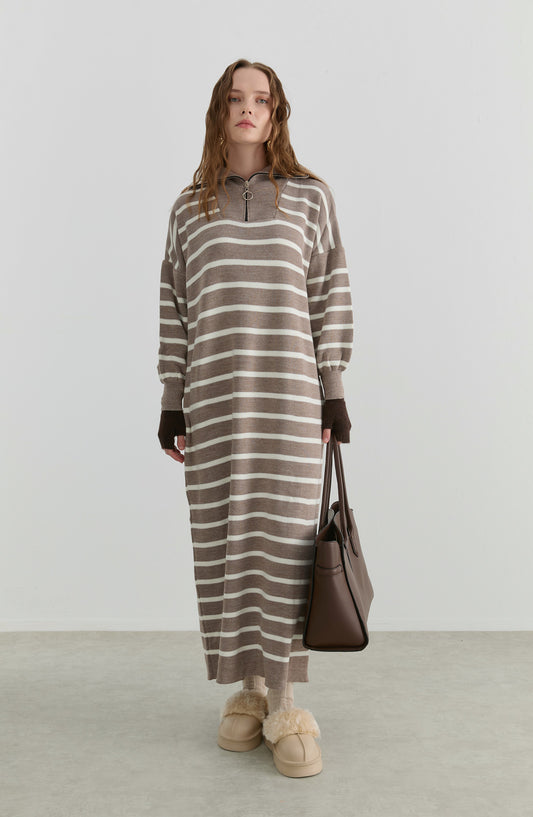 Çizgili Vizon Triko Elbise