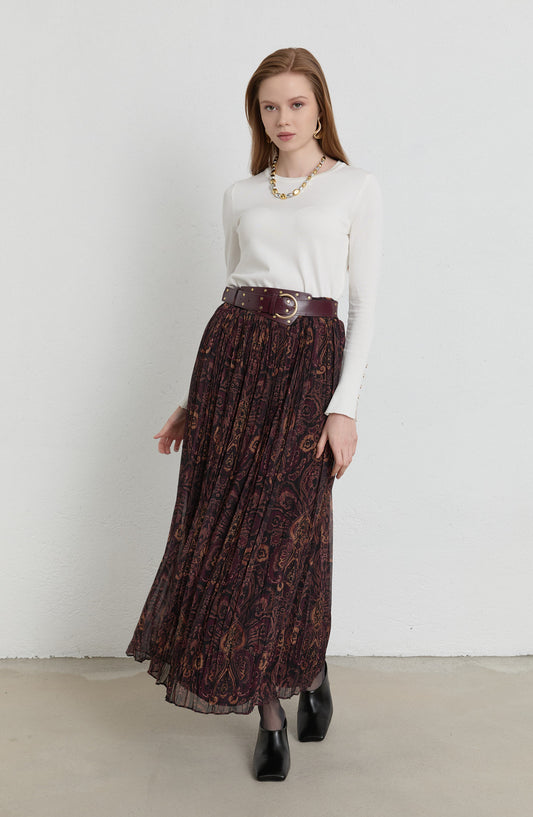 Kemerli Crash Bordo Etnik Desen Şifon Etek