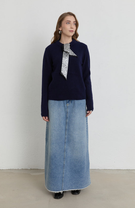 Fularlı Lacivert Basic Yumoş Triko Kazak