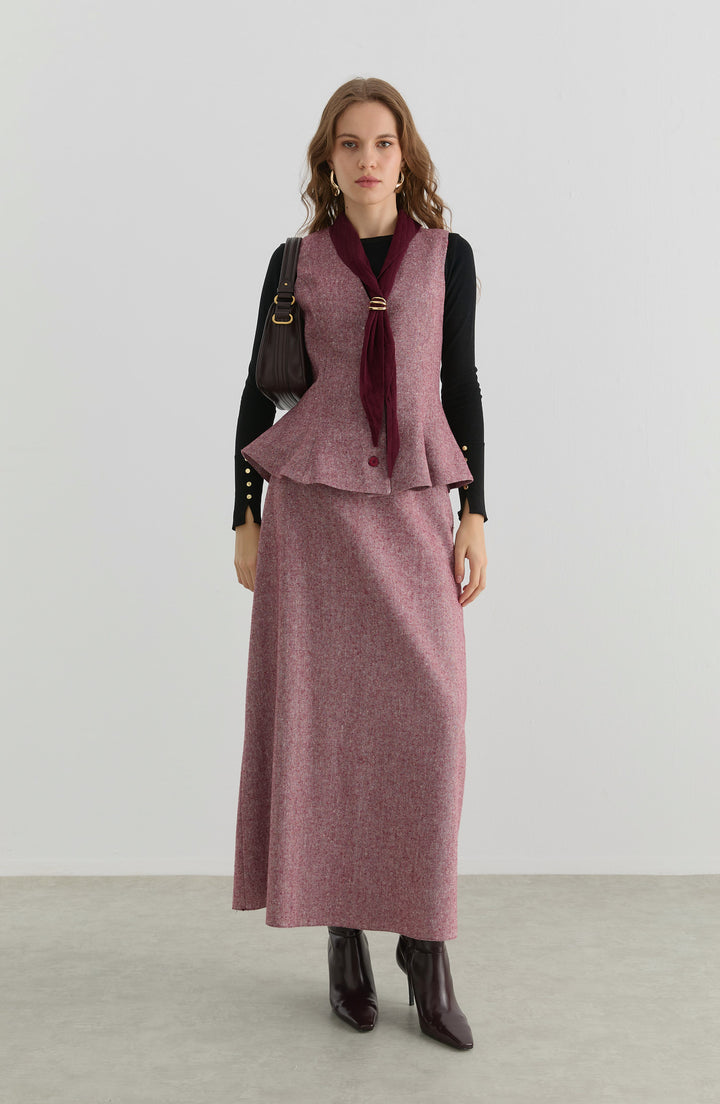 Peplumlu Bordo Tüvit Yelek Etek Takım