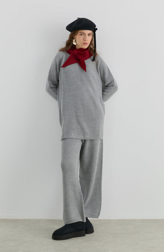 Basic Fitilli Gri Triko İkili Takım