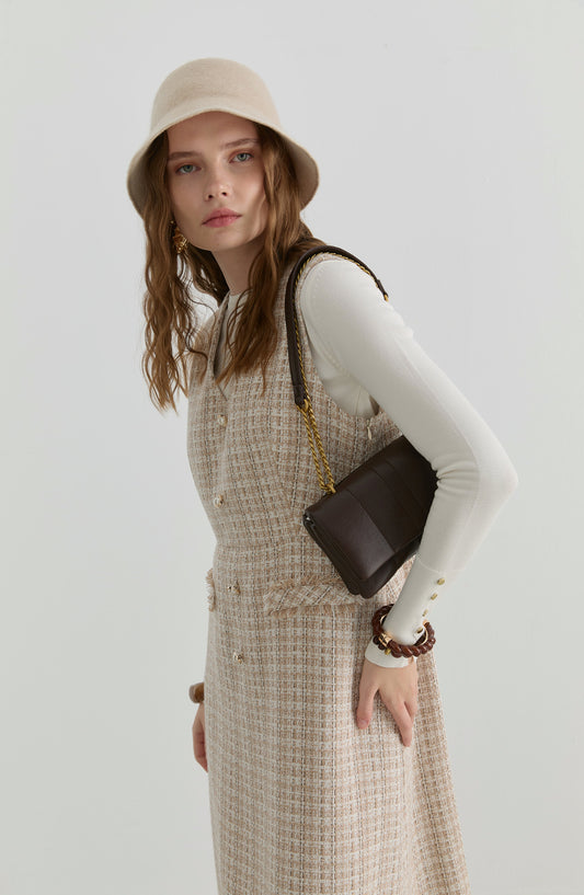 İnci Düğmeli Sütlü Kahve Tüvit Jile