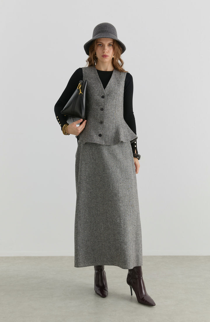 Peplumlu Siyah Tüvit Yelek Etek Takım