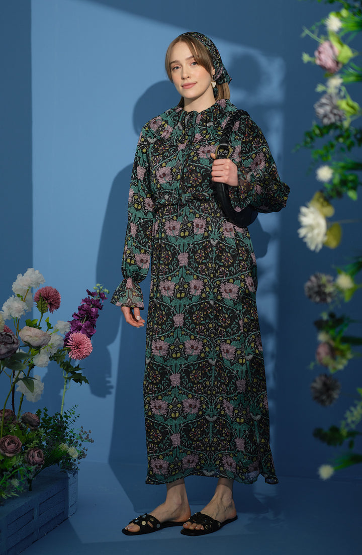 Fırfır Yaka Floral Şifon Lila Elbise