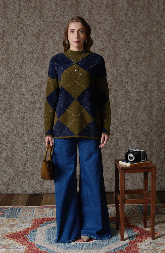 Büyük Baklava Desen Lacivert Yağ Yeşili Pufik Triko Kazak