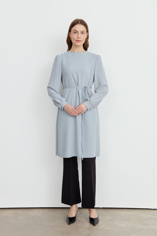 Omuz Büzgülü Bağlamalı Basic Tunik Ice Blue