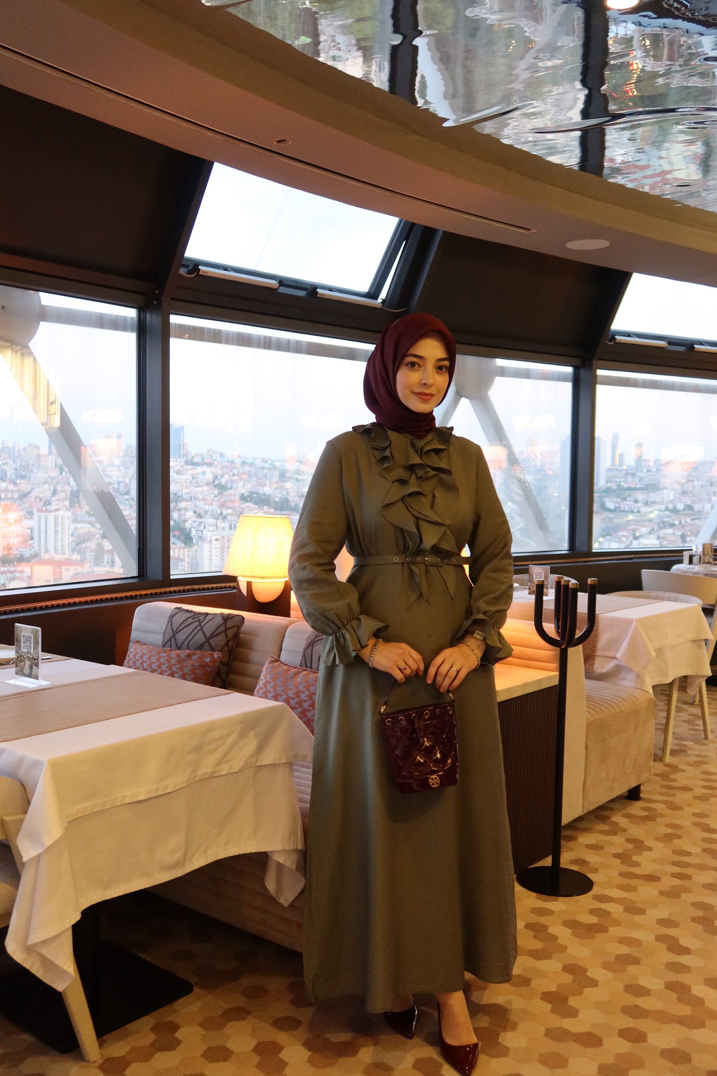 Volanlı Haki Kaplama Kemerli Rayon Elbise