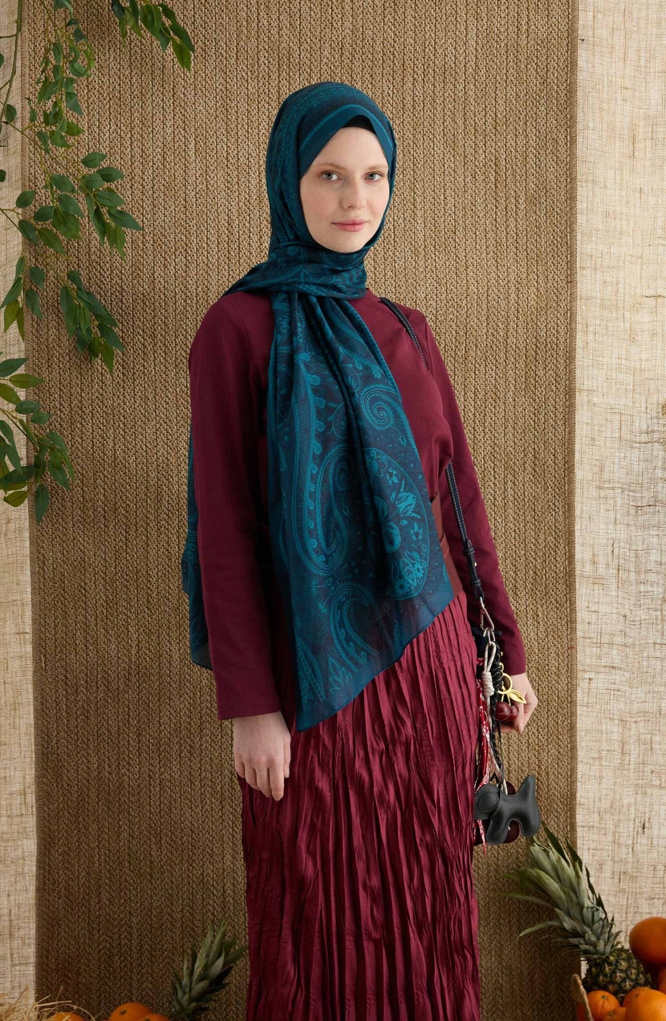 Amelia Turkuaz Etnik Desen Şal - Fatma Atasoy