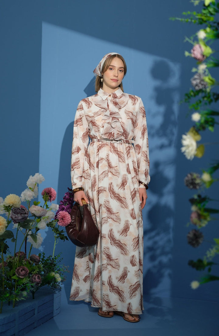 Animal Desen Volanlı Şifon Kahverengi Elbise - Fatma Atasoy