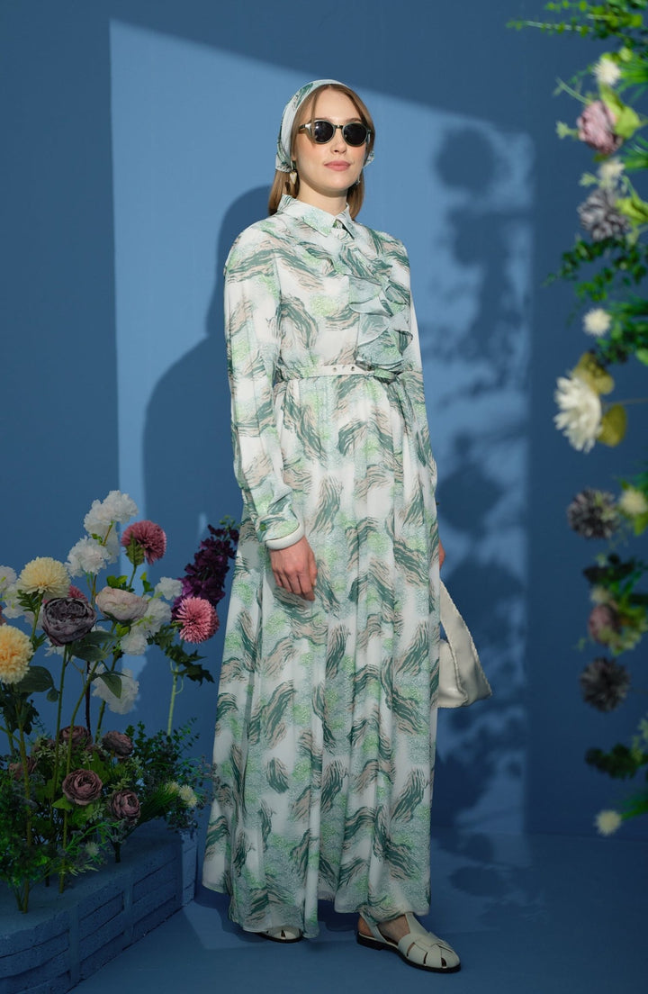 Animal Desen Volanlı Şifon Yeşil Elbise - Fatma Atasoy