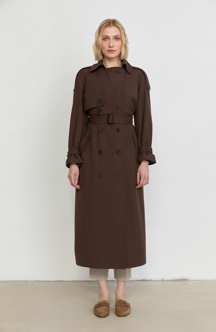 Apoletli Acı Kahve Oversize Trençkot - Fatma Atasoy