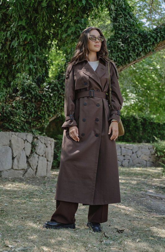 Apoletli Acı Kahve Oversize Trençkot - Fatma Atasoy
