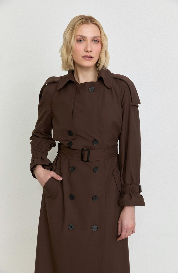 Apoletli Acı Kahve Oversize Trençkot - Fatma Atasoy