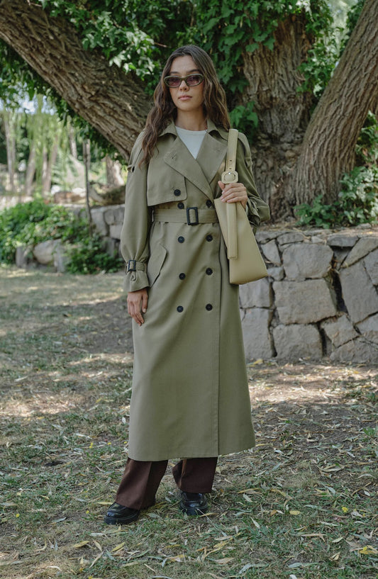 Apoletli Haki Oversize Trençkot - Fatma Atasoy