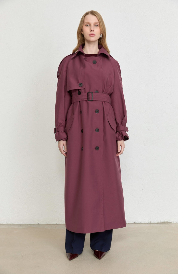 Apoletli Mürdüm Oversize Trençkot - Fatma Atasoy