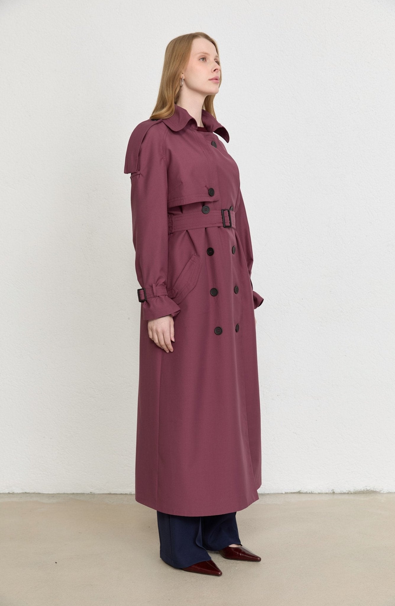 Apoletli Mürdüm Oversize Trençkot - Fatma Atasoy