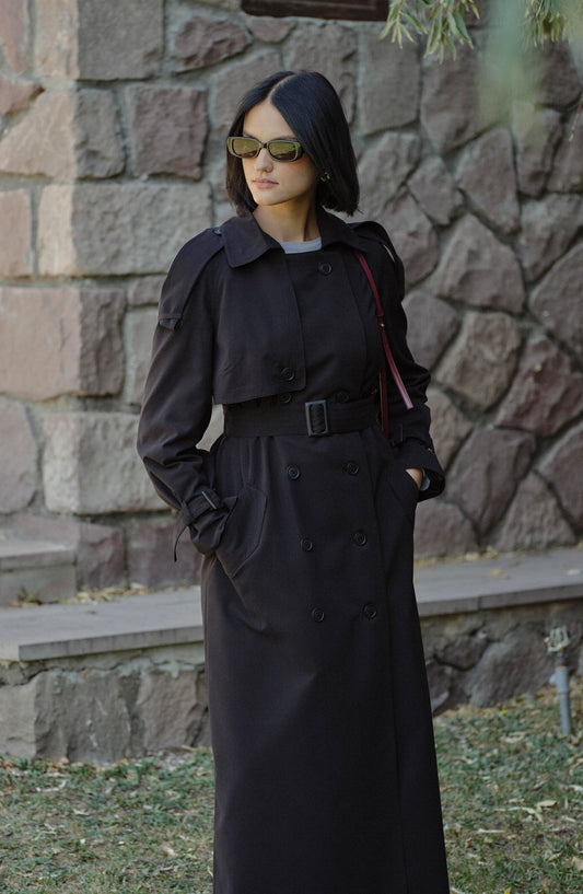 Apoletli Siyah Oversize Trençkot - Fatma Atasoy