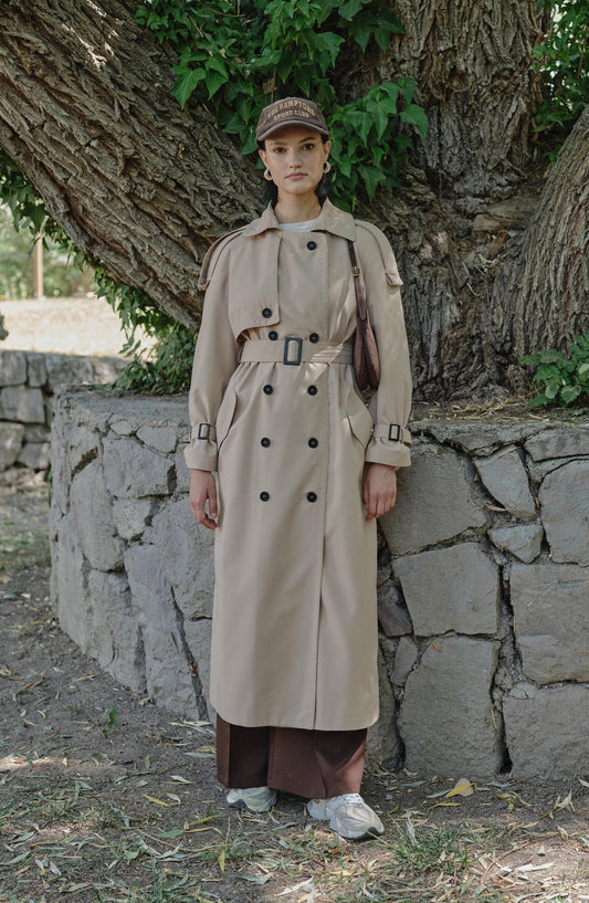 Apoletli Sütlü Kahve Oversize Trençkot - Fatma Atasoy