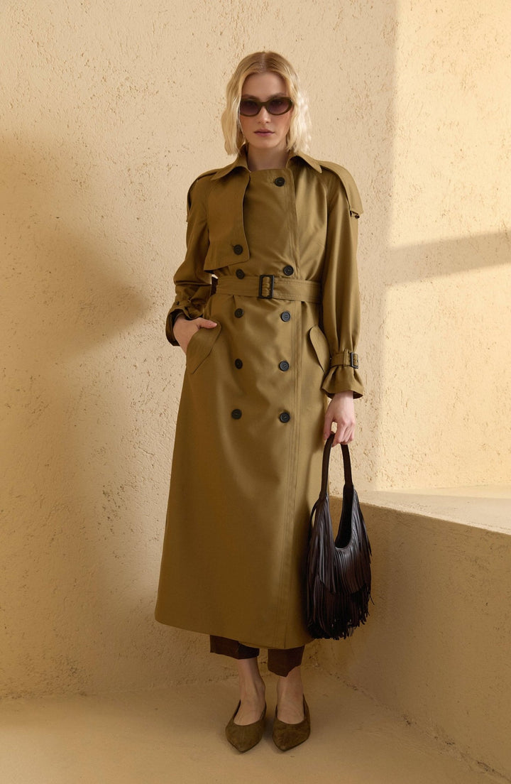 Apoletli Yağ Yeşili Oversize Trençkot - Fatma Atasoy