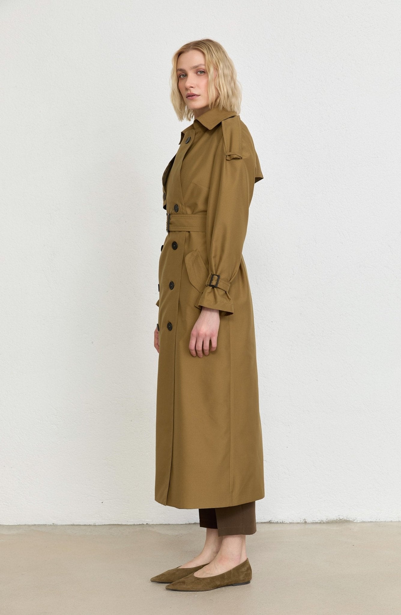 Apoletli Yağ Yeşili Oversize Trençkot - Fatma Atasoy