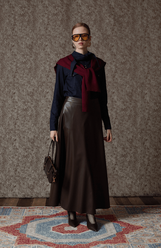 Bağlama Detaylı Lacivert Denim Gömlek - Fatma Atasoy