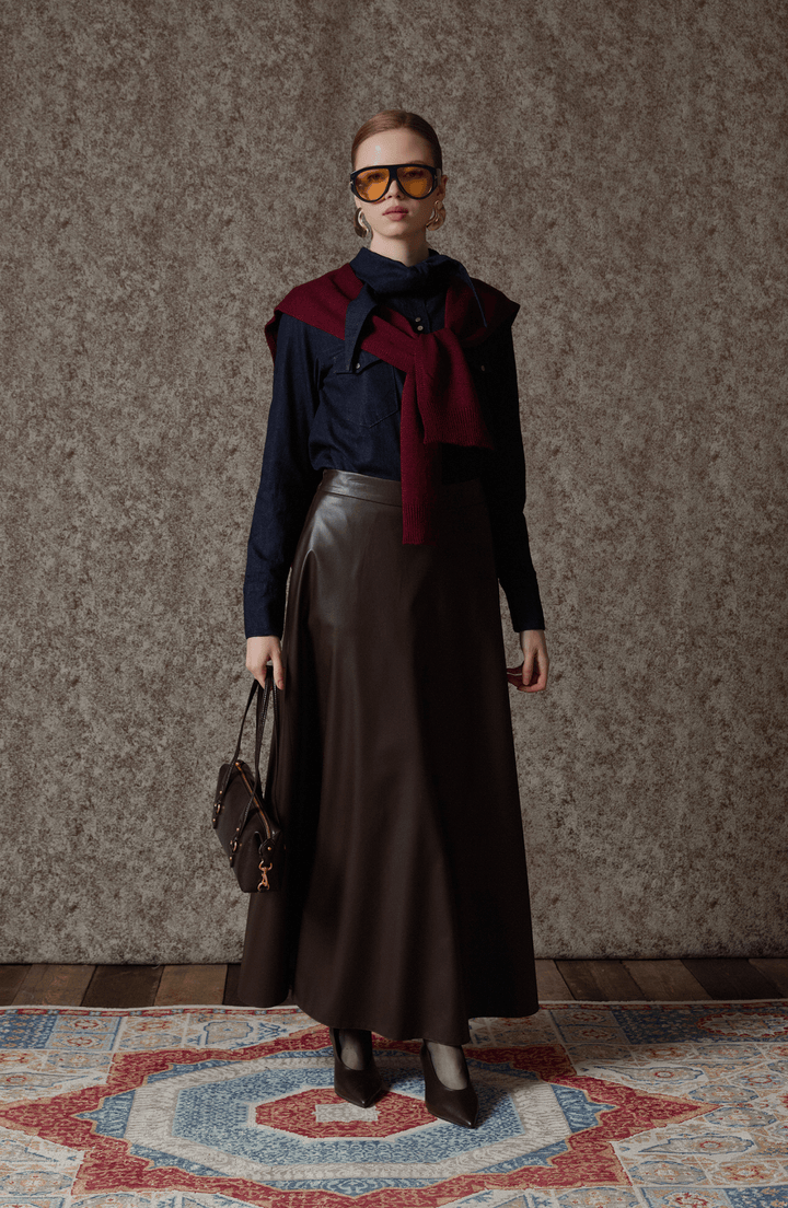 Bağlama Detaylı Lacivert Denim Gömlek - Fatma Atasoy