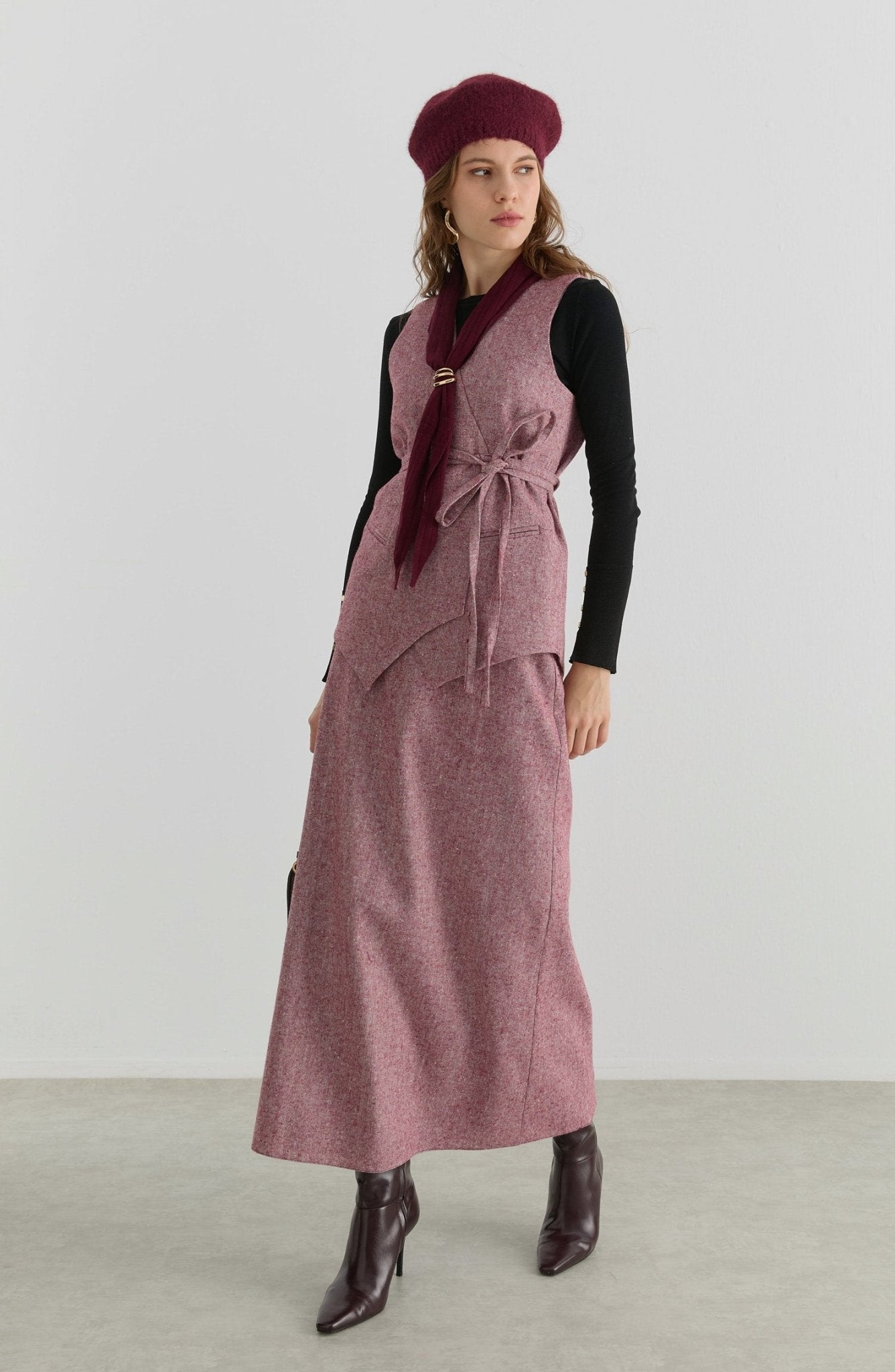 Bağlamalı Bordo Tüvit Yelek Etek Takım - Fatma Atasoy