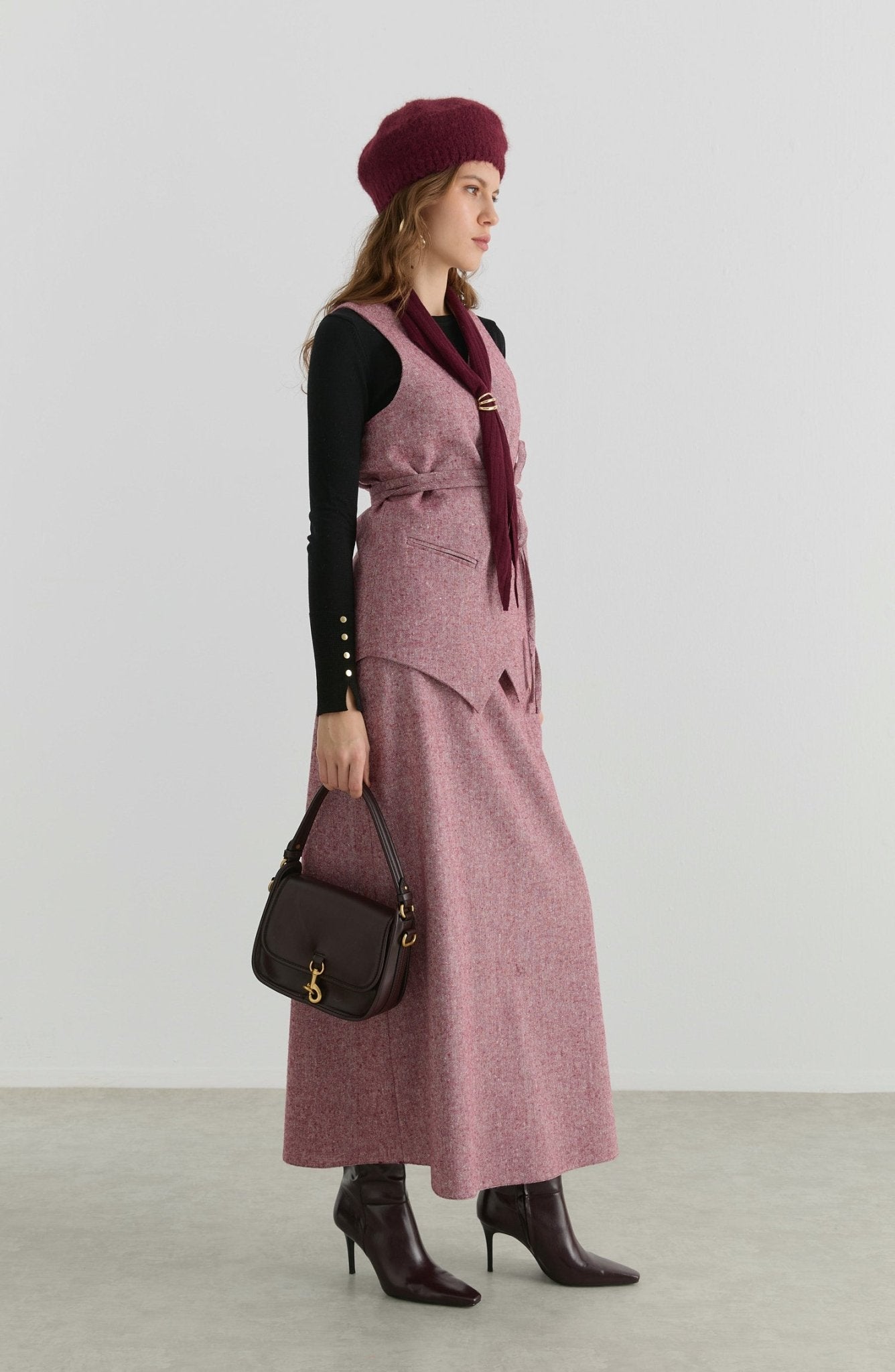 Bağlamalı Bordo Tüvit Yelek Etek Takım - Fatma Atasoy