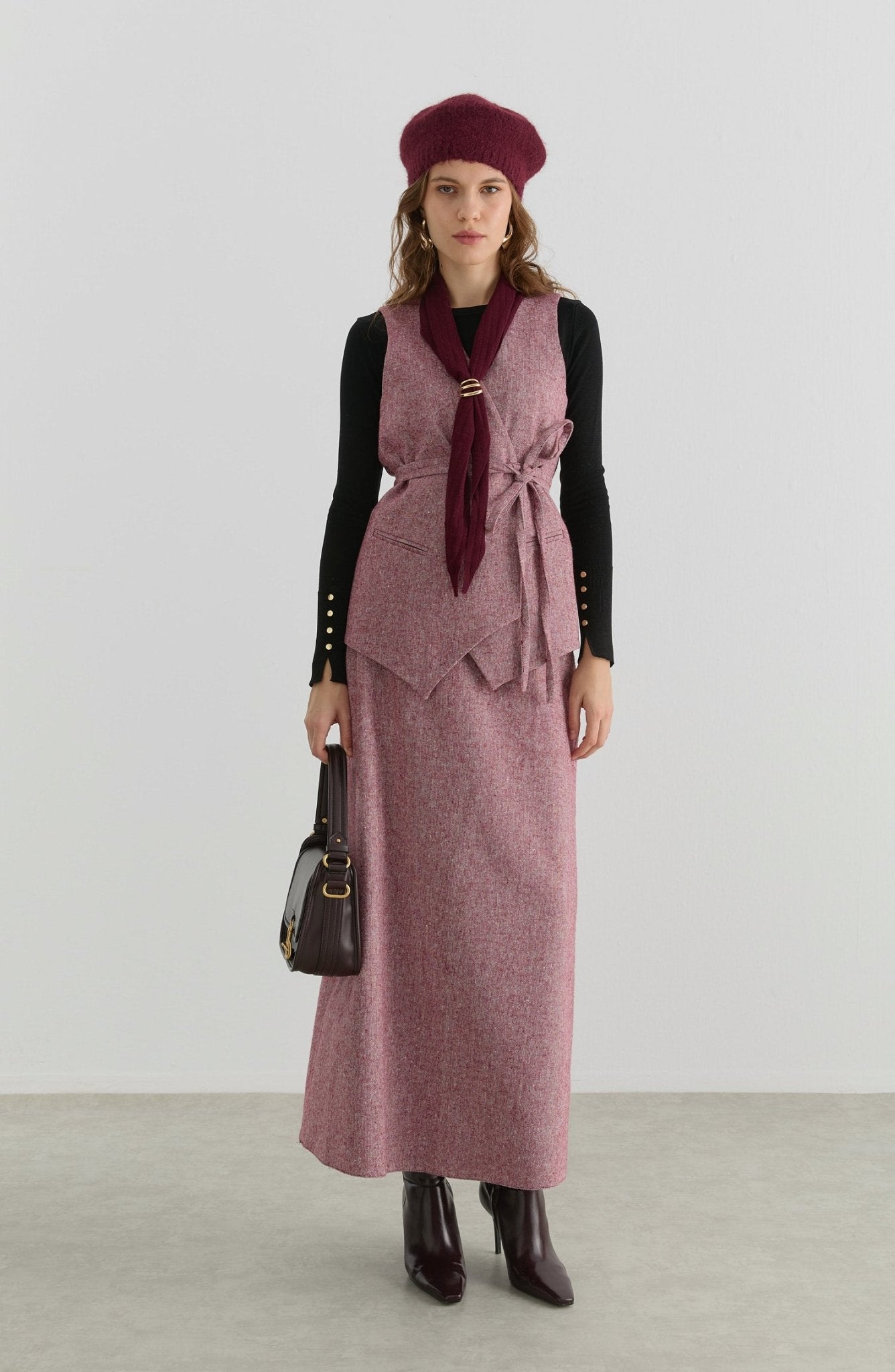 Bağlamalı Bordo Tüvit Yelek Etek Takım - Fatma Atasoy