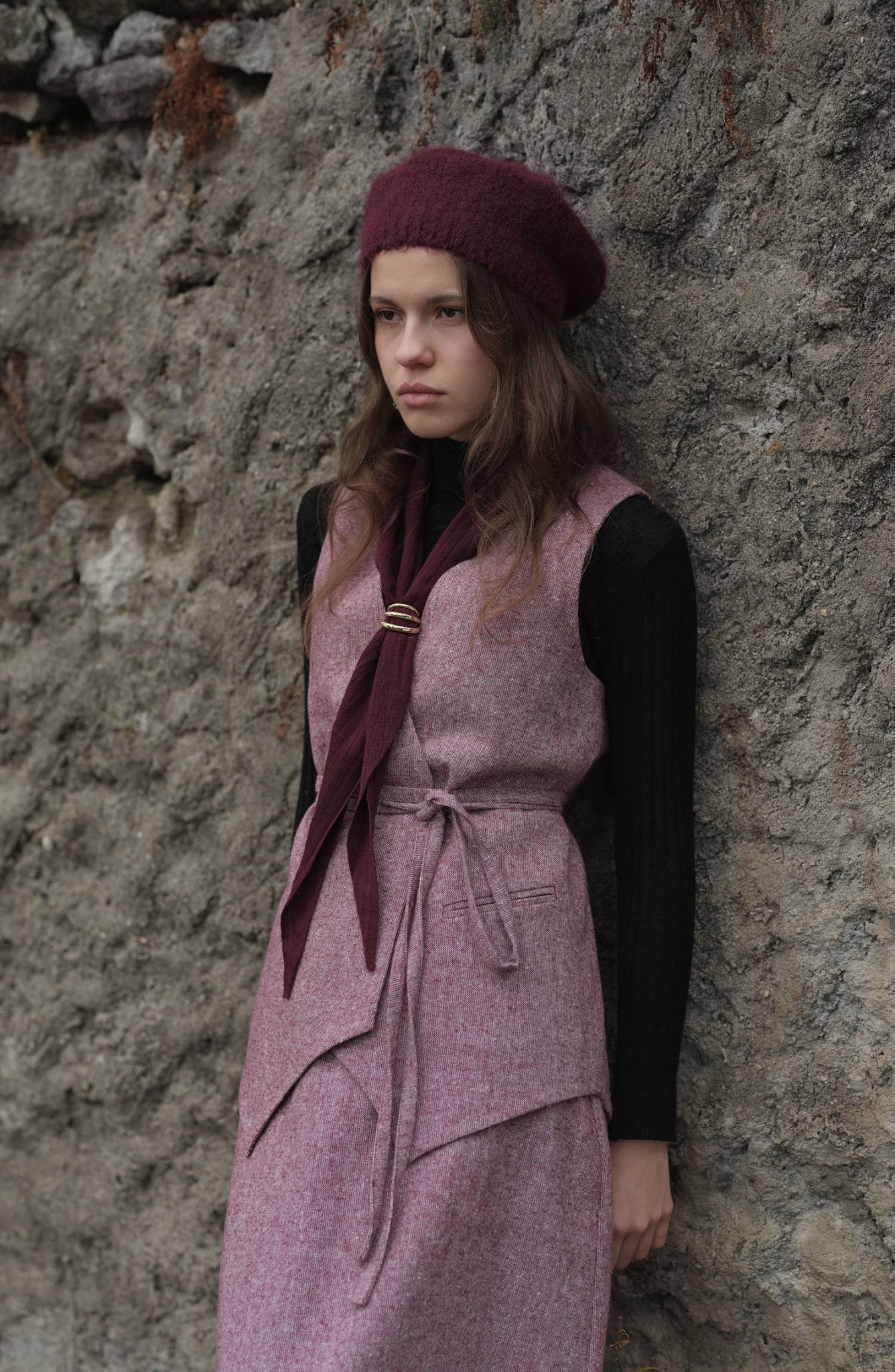 Bağlamalı Bordo Tüvit Yelek Etek Takım - Fatma Atasoy