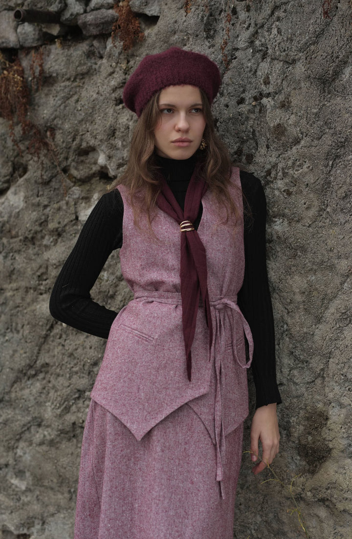 Bağlamalı Bordo Tüvit Yelek Etek Takım - Fatma Atasoy