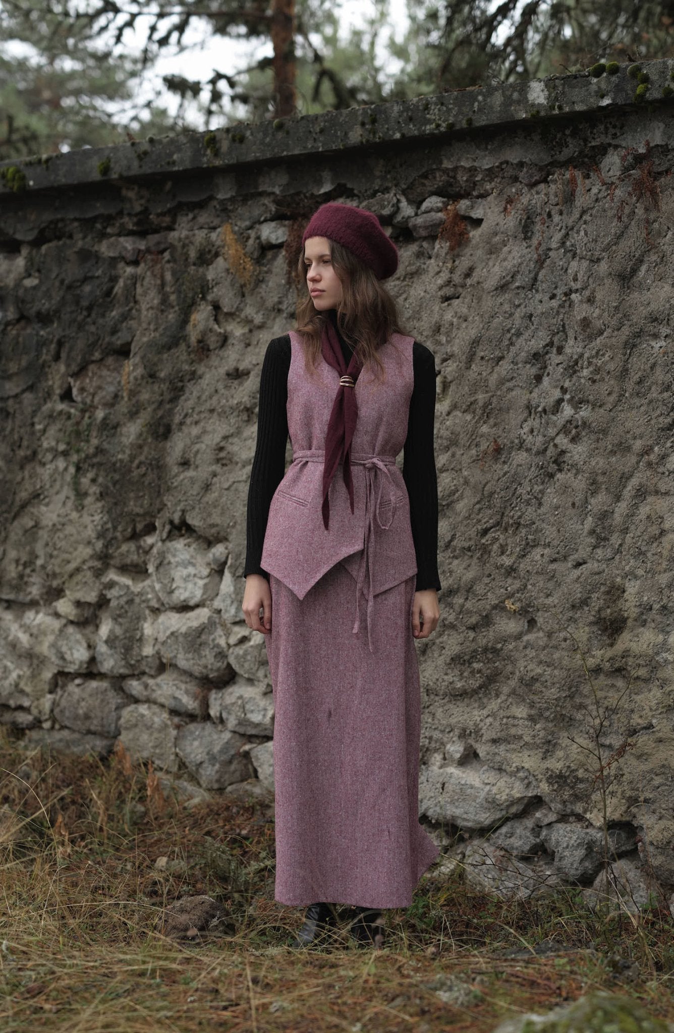 Bağlamalı Bordo Tüvit Yelek Etek Takım - Fatma Atasoy