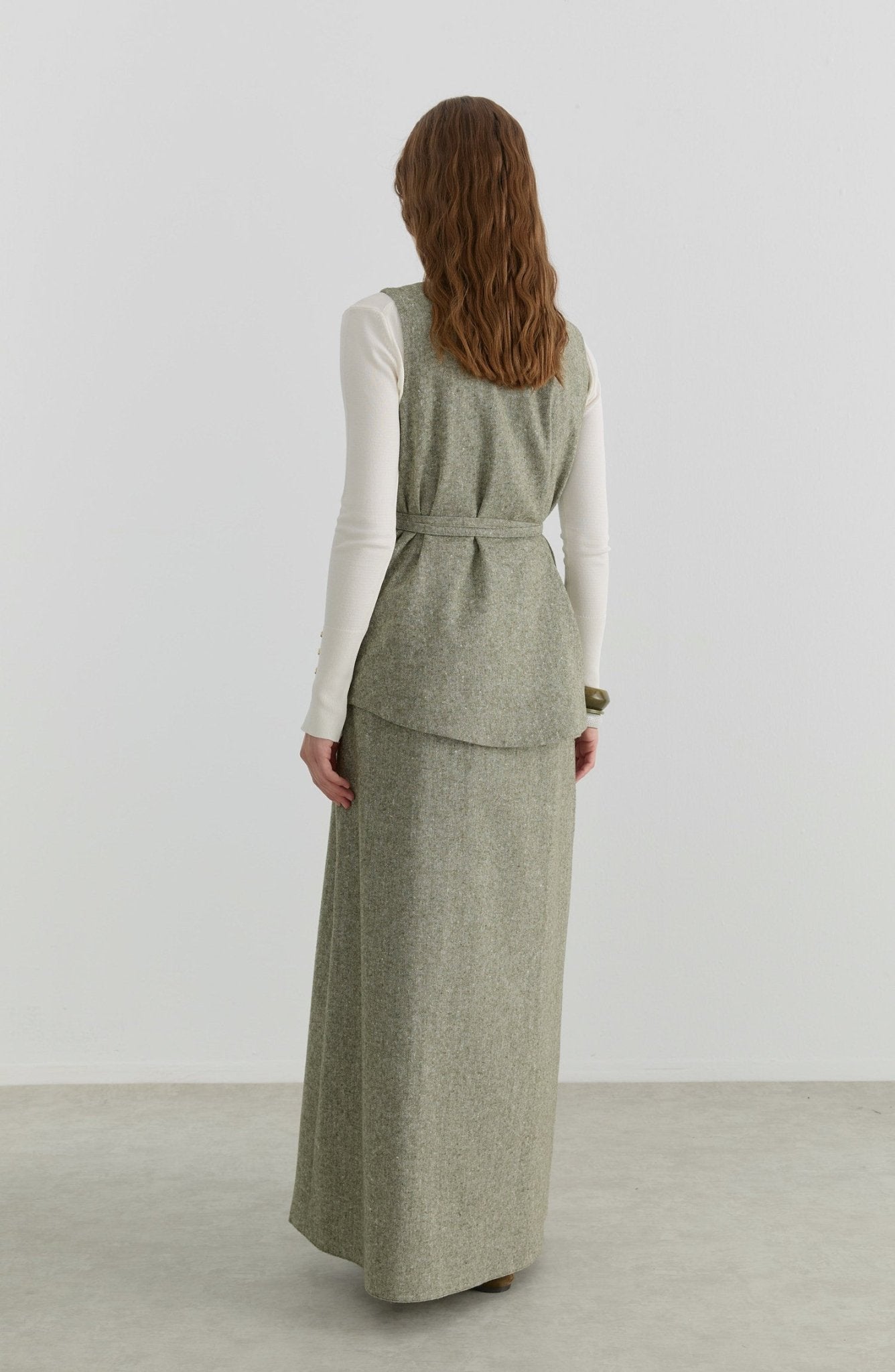 Bağlamalı Haki Tüvit Yelek Etek Takım - Fatma Atasoy