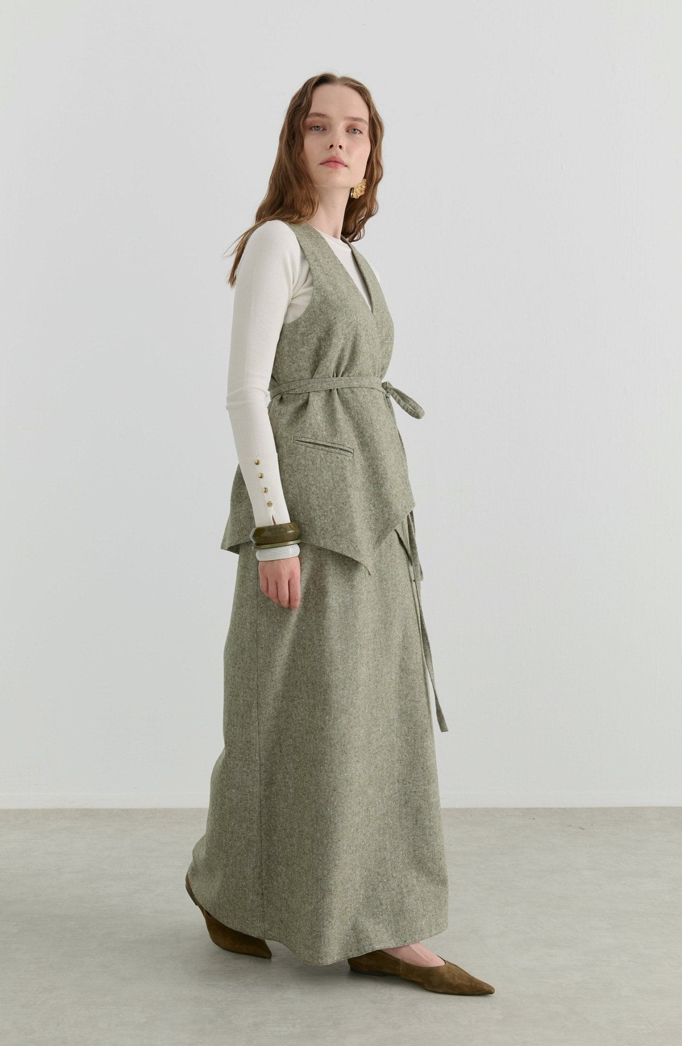 Bağlamalı Haki Tüvit Yelek Etek Takım - Fatma Atasoy