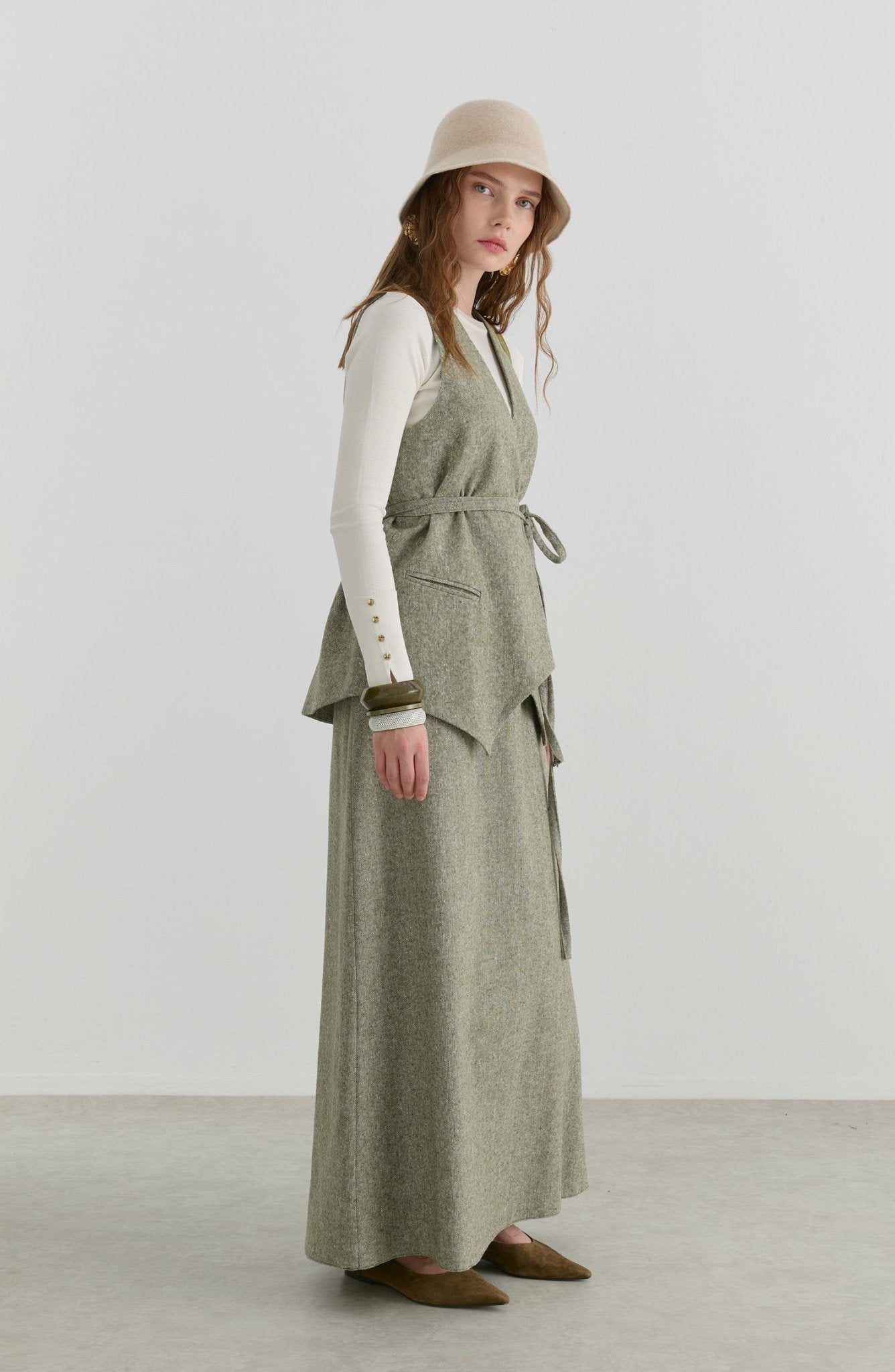 Bağlamalı Haki Tüvit Yelek Etek Takım - Fatma Atasoy