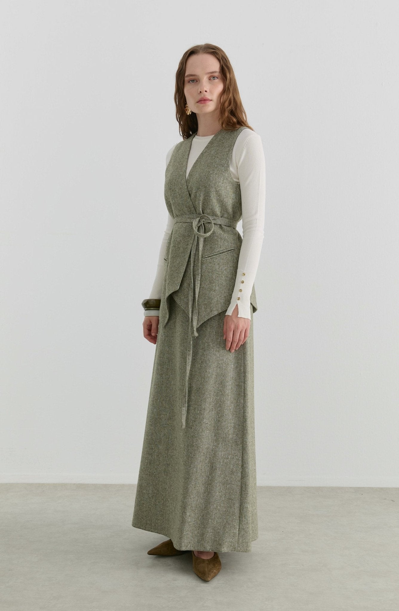 Bağlamalı Haki Tüvit Yelek Etek Takım - Fatma Atasoy