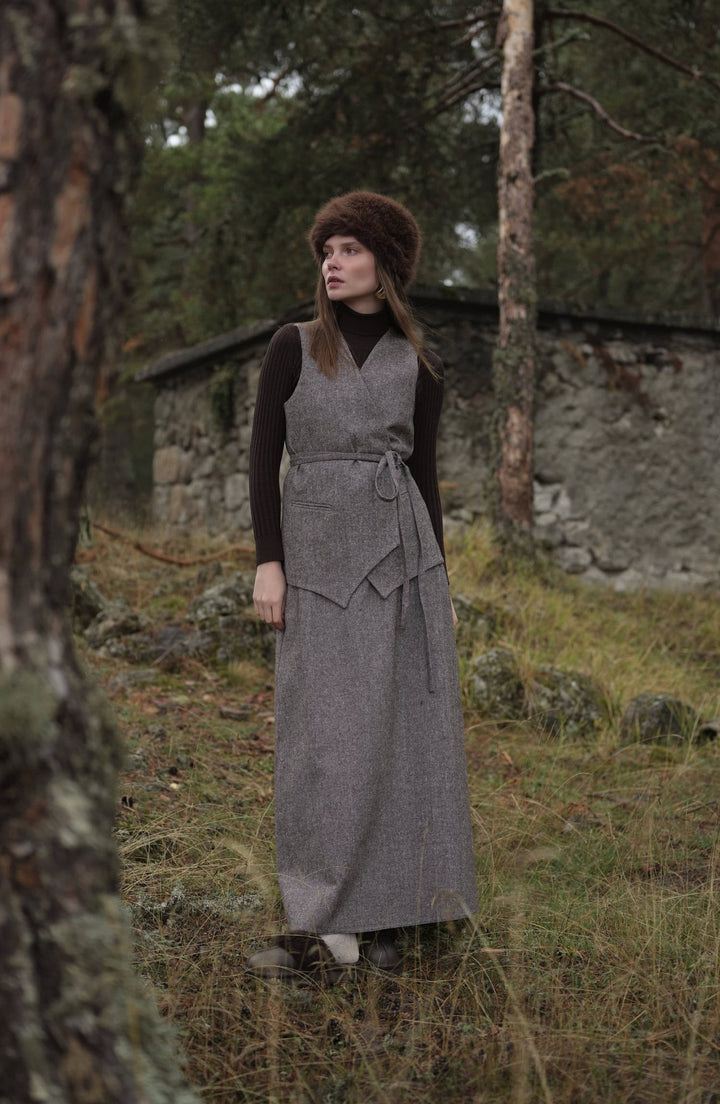 Bağlamalı Kahverengi Tüvit Yelek Etek Takım - Fatma Atasoy