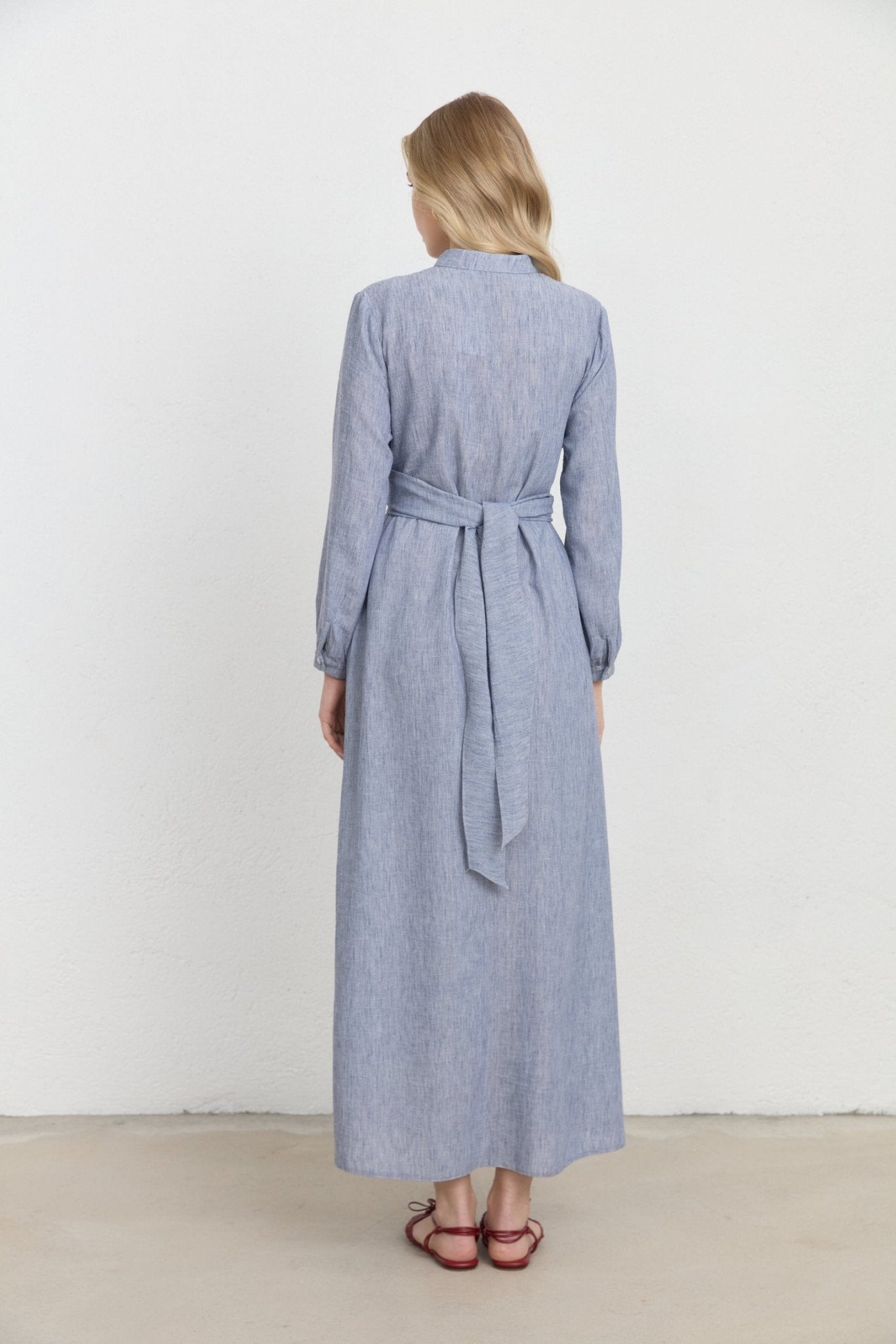 Bağlamalı Korsajlı İndigo Keten Elbise - Fatma Atasoy
