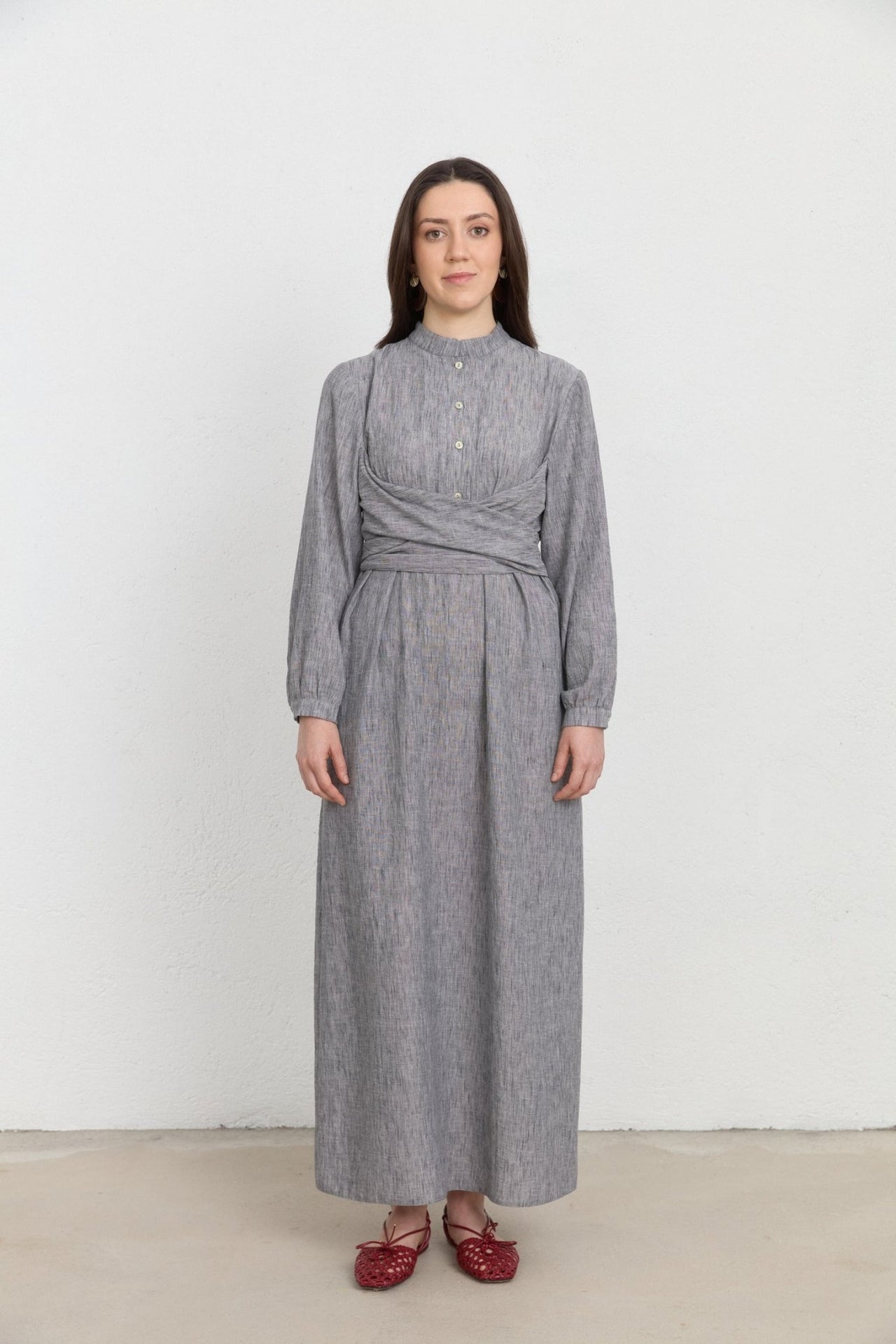 Bağlamalı Korsajlı Siyah Keten Elbise - Fatma Atasoy
