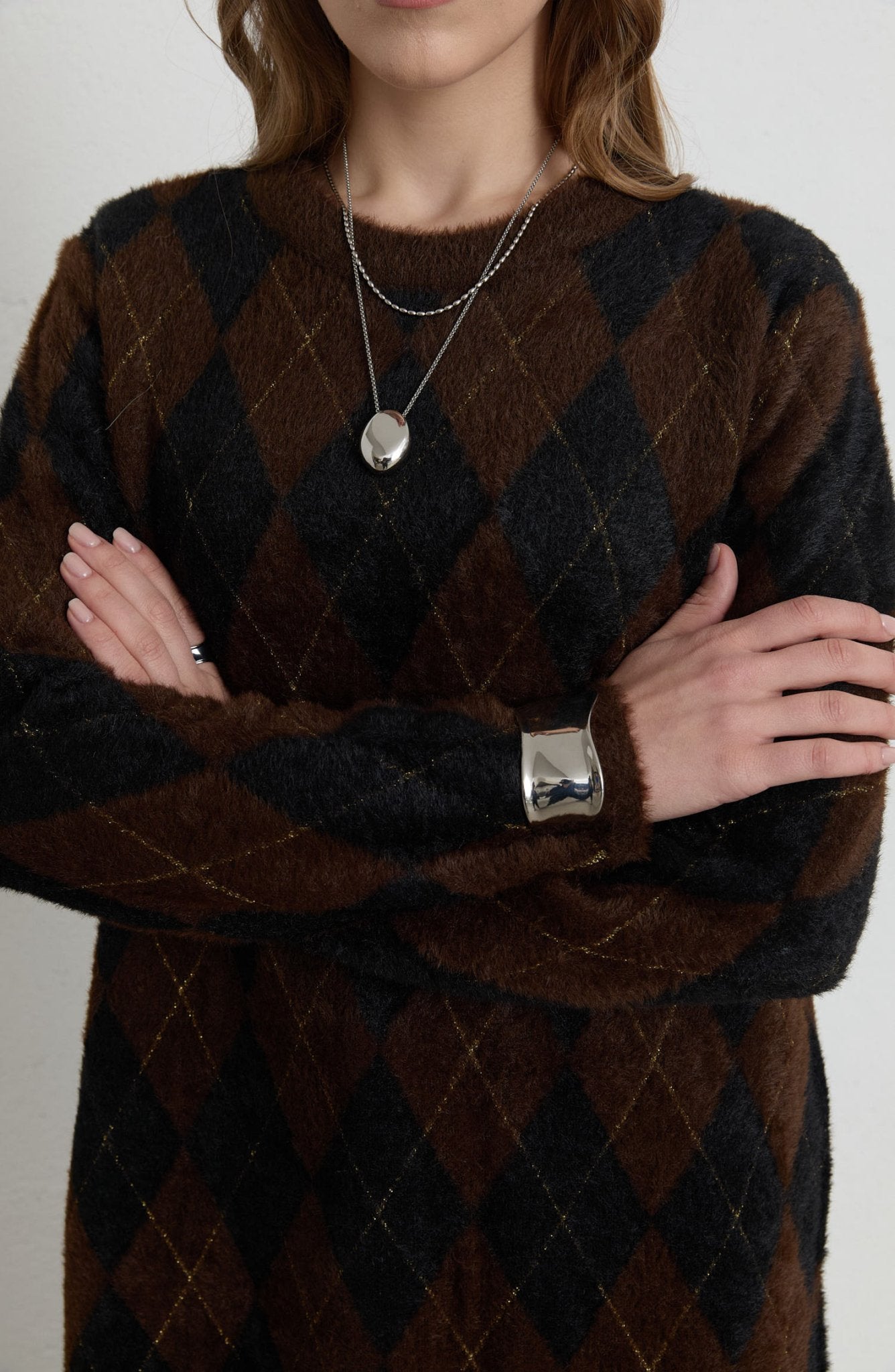 Baklava Desen Acı Kahve Siyah Yumoş Triko Kazak - Fatma Atasoy