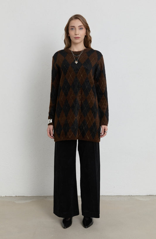 Baklava Desen Acı Kahve Siyah Yumoş Triko Kazak - Fatma Atasoy