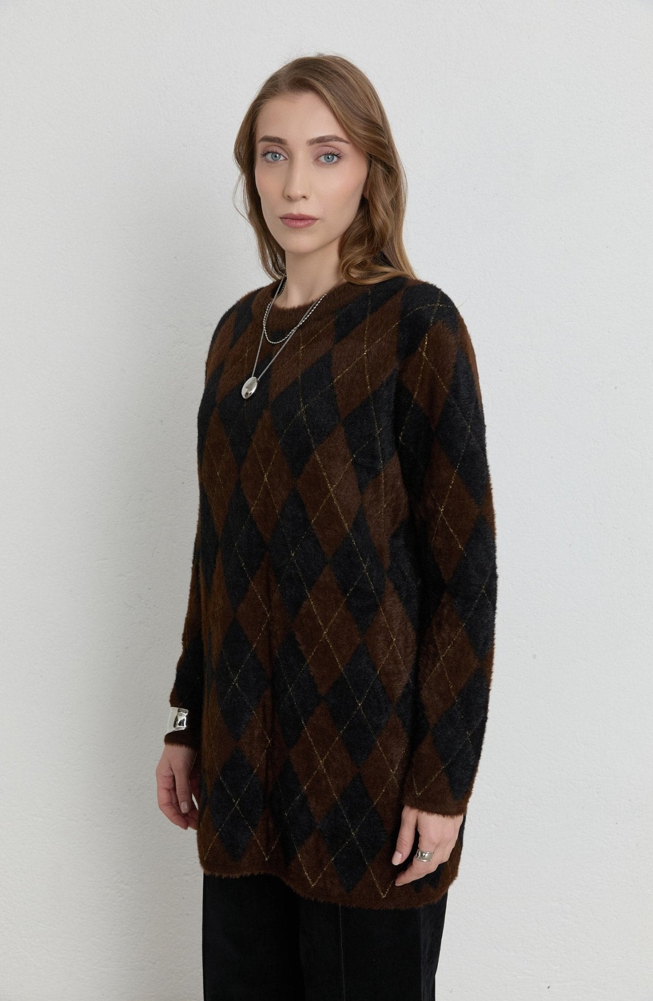 Baklava Desen Acı Kahve Siyah Yumoş Triko Kazak - Fatma Atasoy