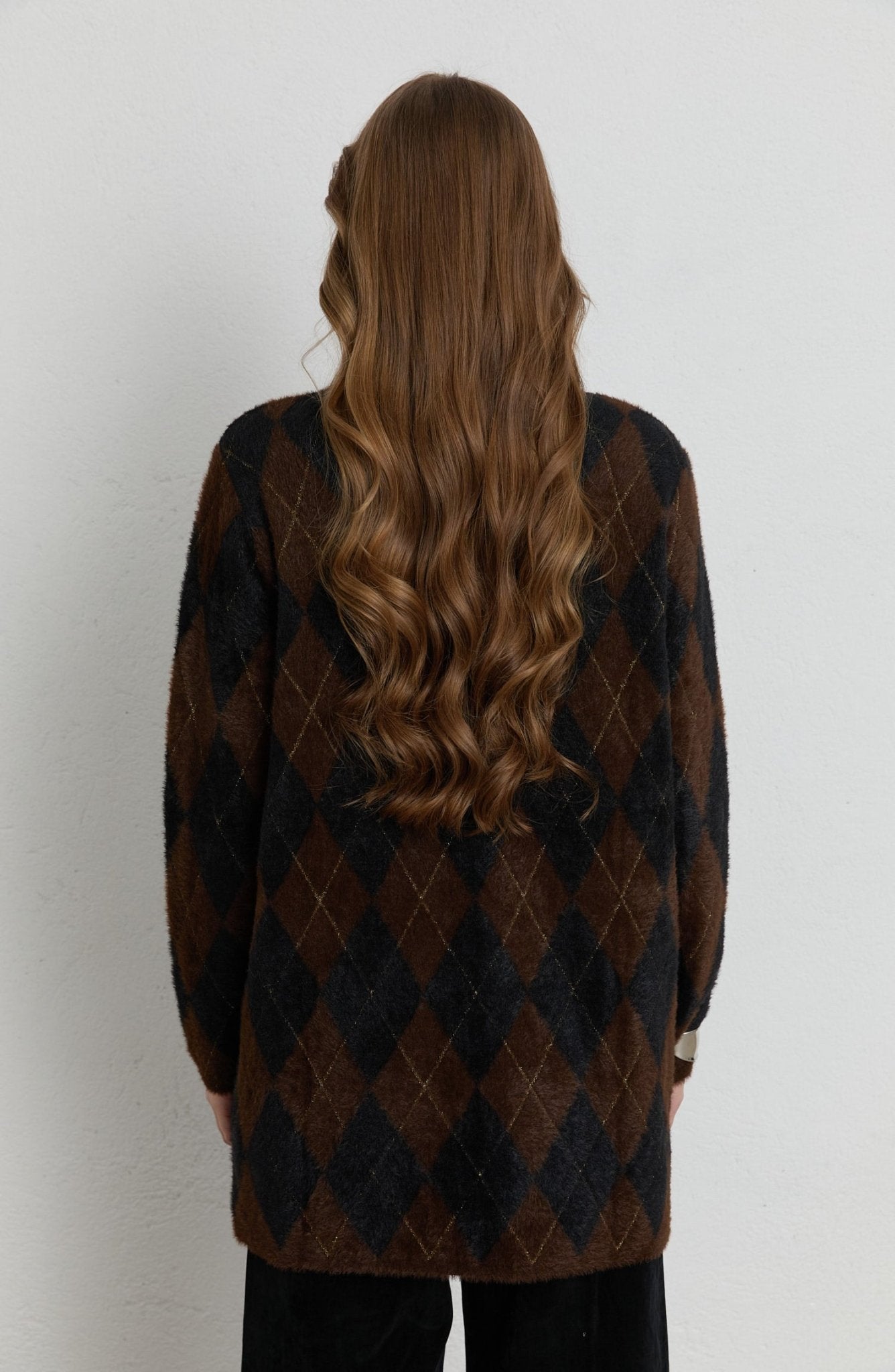 Baklava Desen Acı Kahve Siyah Yumoş Triko Kazak - Fatma Atasoy