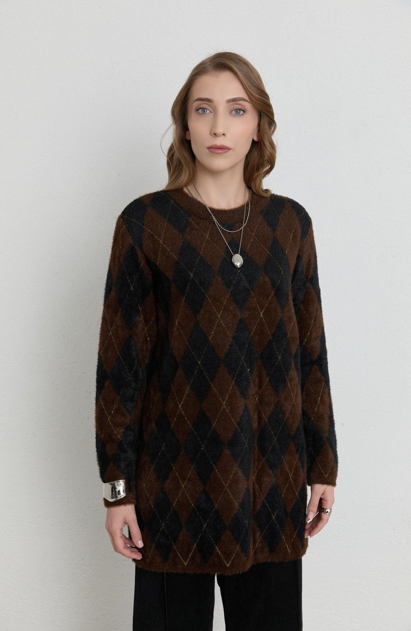 Baklava Desen Acı Kahve Siyah Yumoş Triko Kazak - Fatma Atasoy