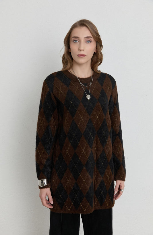 Baklava Desen Acı Kahve Siyah Yumoş Triko Kazak - Fatma Atasoy