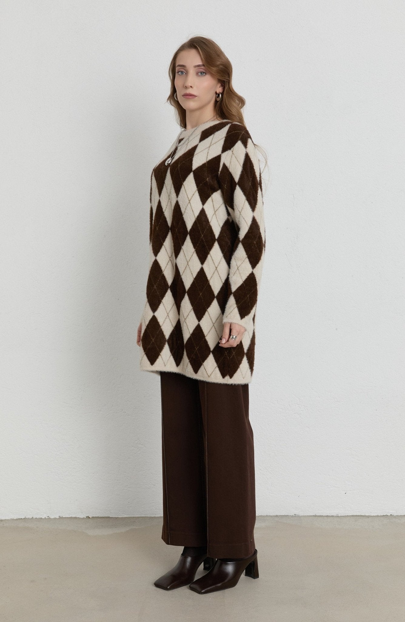 Baklava Desen Acı Kahve Taş Yumoş Triko Kazak - Fatma Atasoy