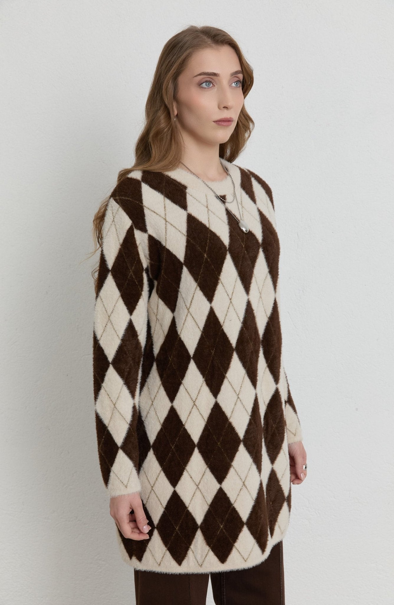 Baklava Desen Acı Kahve Taş Yumoş Triko Kazak - Fatma Atasoy