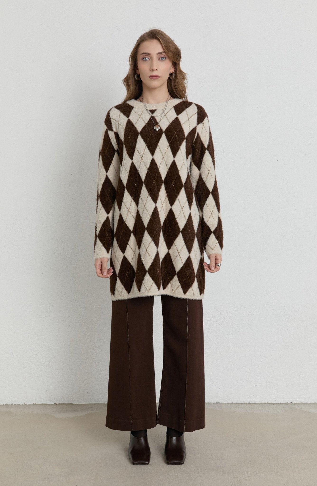 Baklava Desen Acı Kahve Taş Yumoş Triko Kazak - Fatma Atasoy